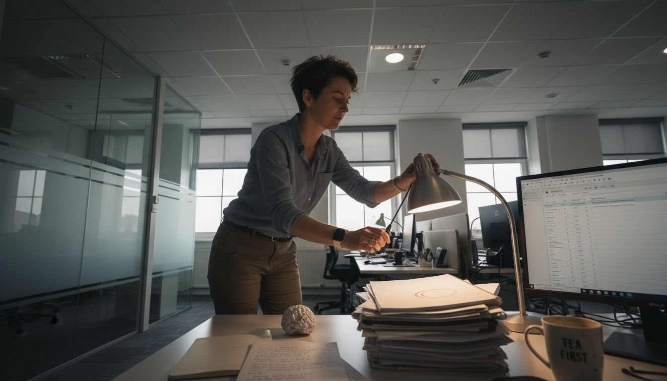 Person adjusting adaptable office lighting for sensory comfort