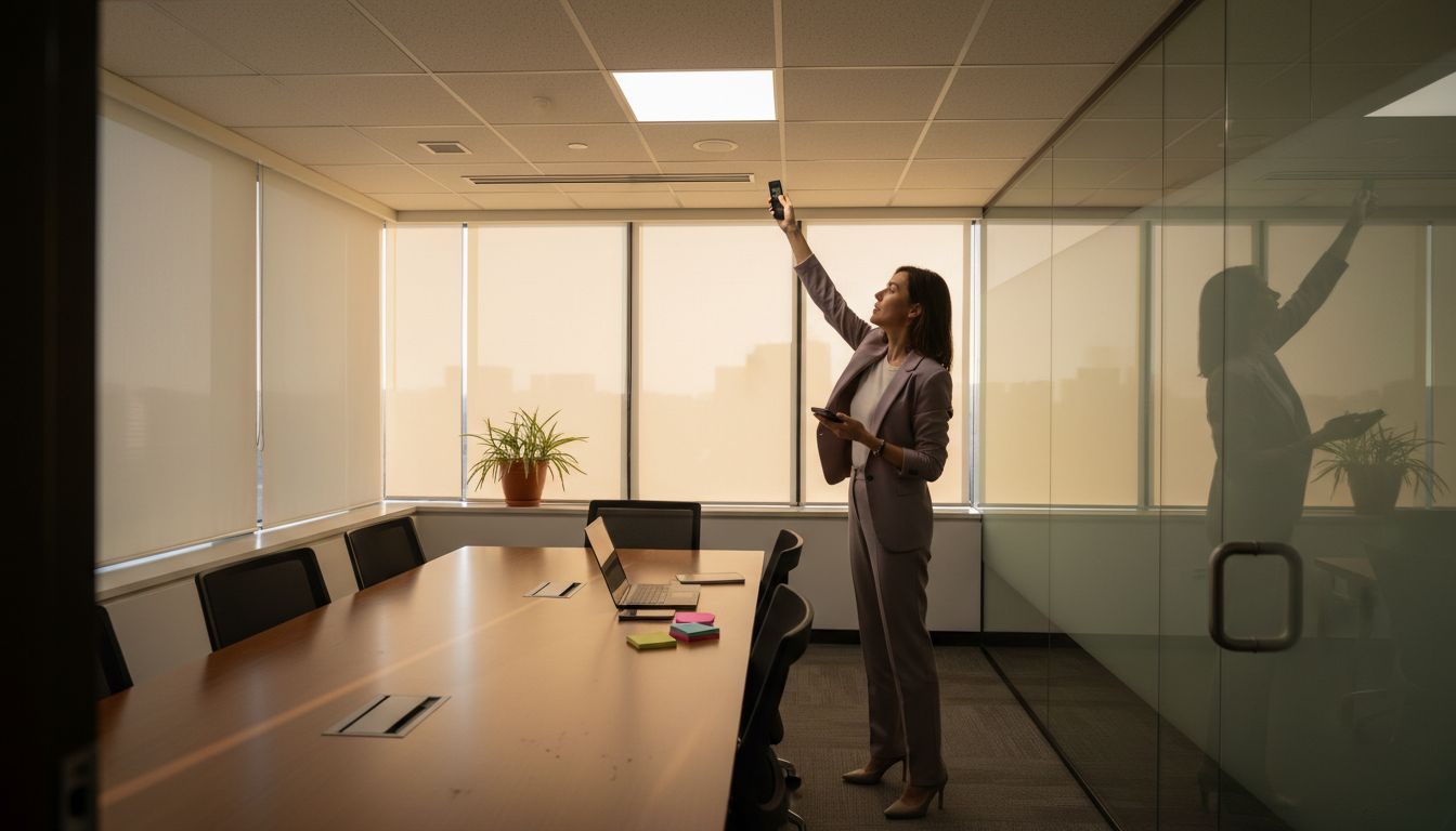 Person adjusting ceiling lights for sensory comfort in an office environment