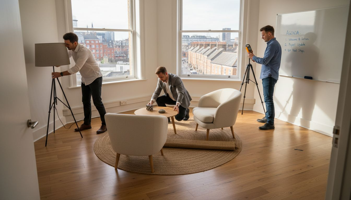 A sensory friendly meeting room with natural lighting and comfortable seating