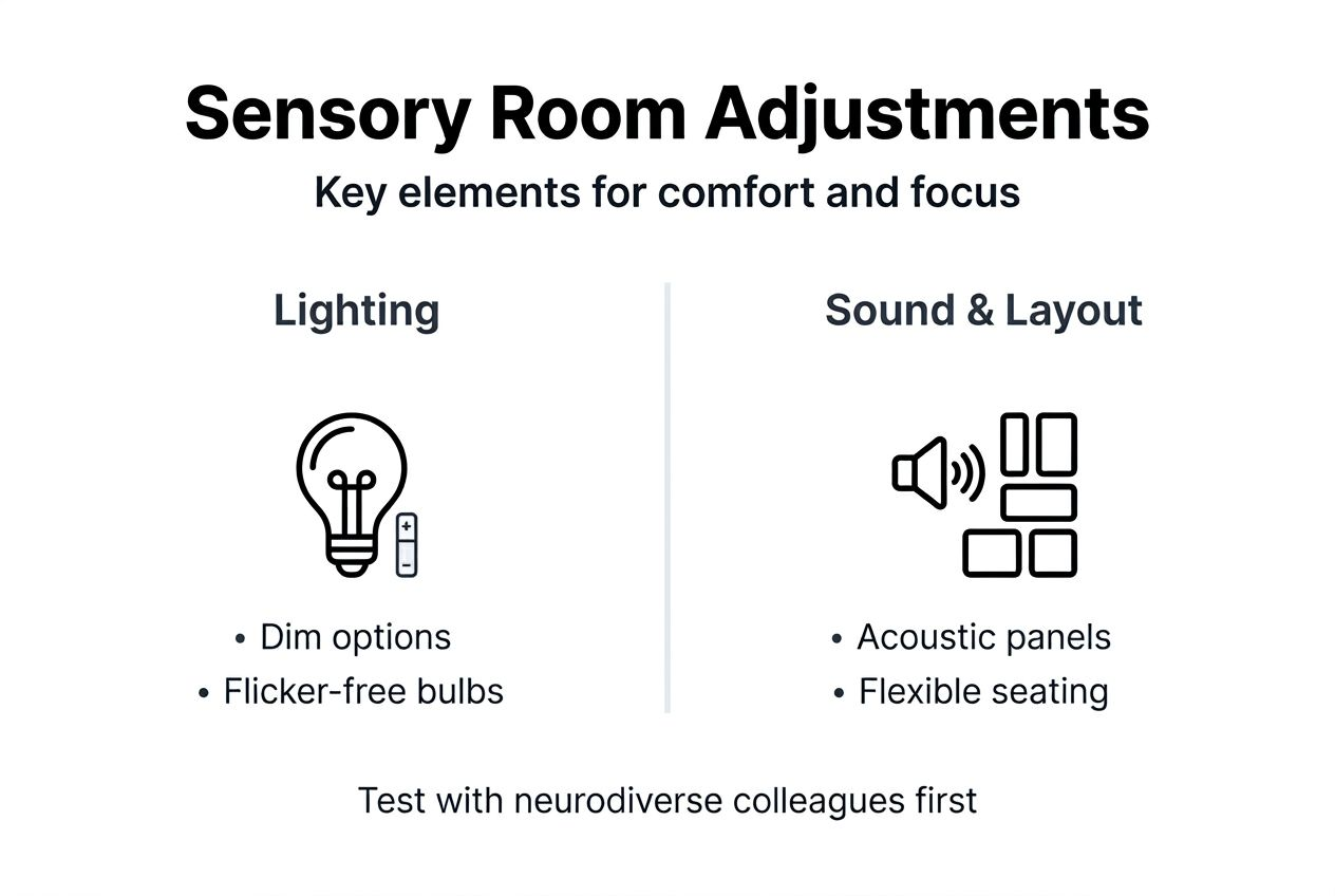 Infographic showing key sensory room adjustments including lighting, sound, and seating modifications