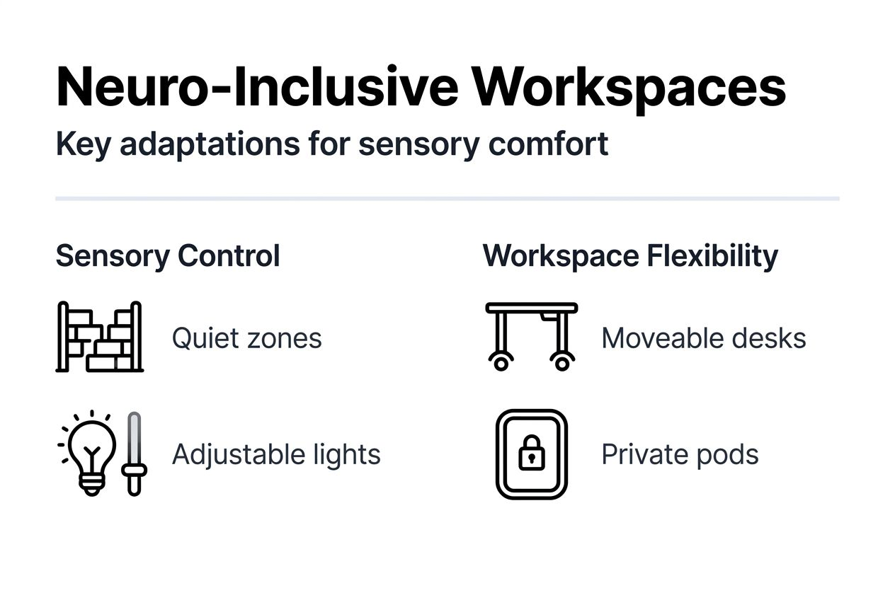 Infographic showing neuro-inclusive workspace evaluation features and criteria